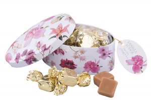 red flower gifting tin of fudge