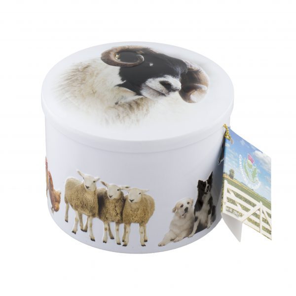 round white tin with various farm animals