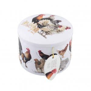 round white tin with various hens